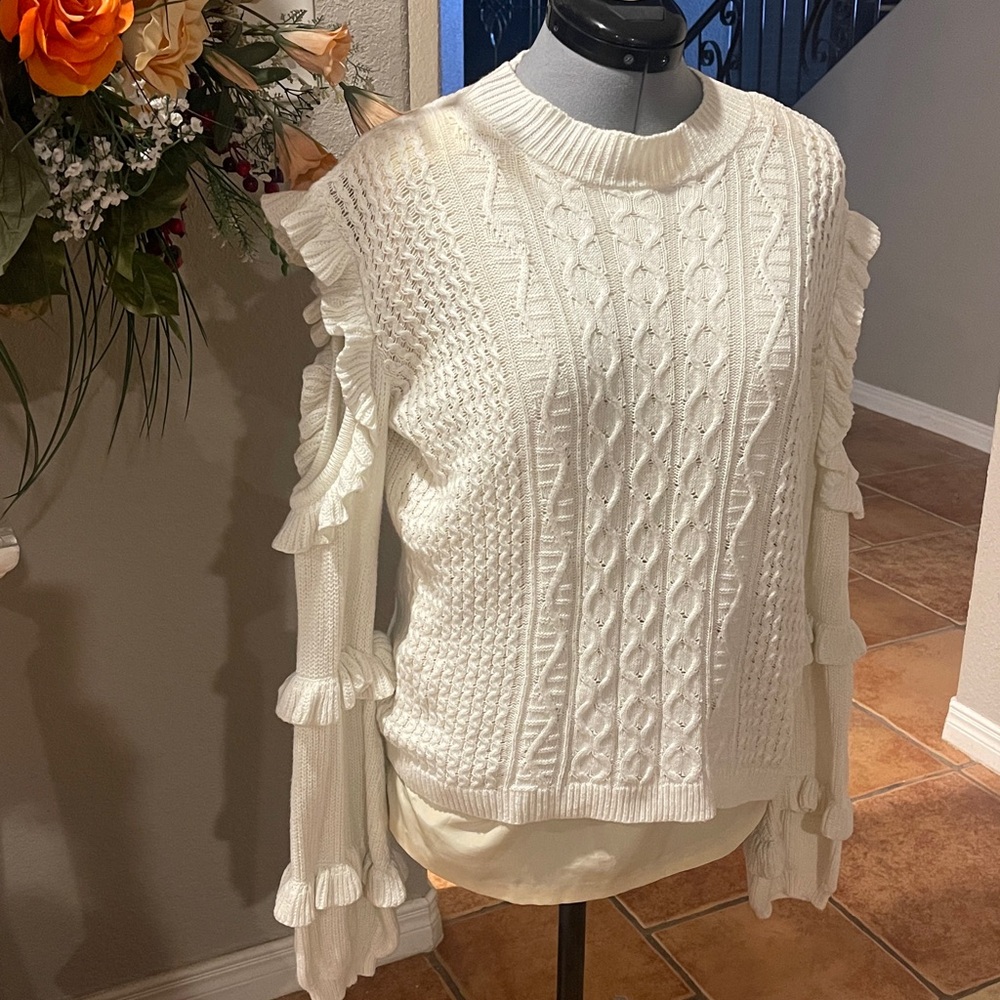 Express Ivory Ruffled Knit Sweater